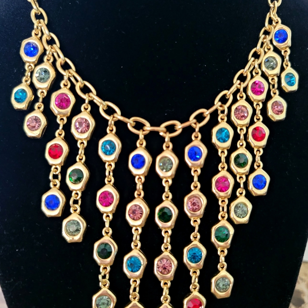 Gold Tone Curtain Collar Necklace with Multi-color Crystals